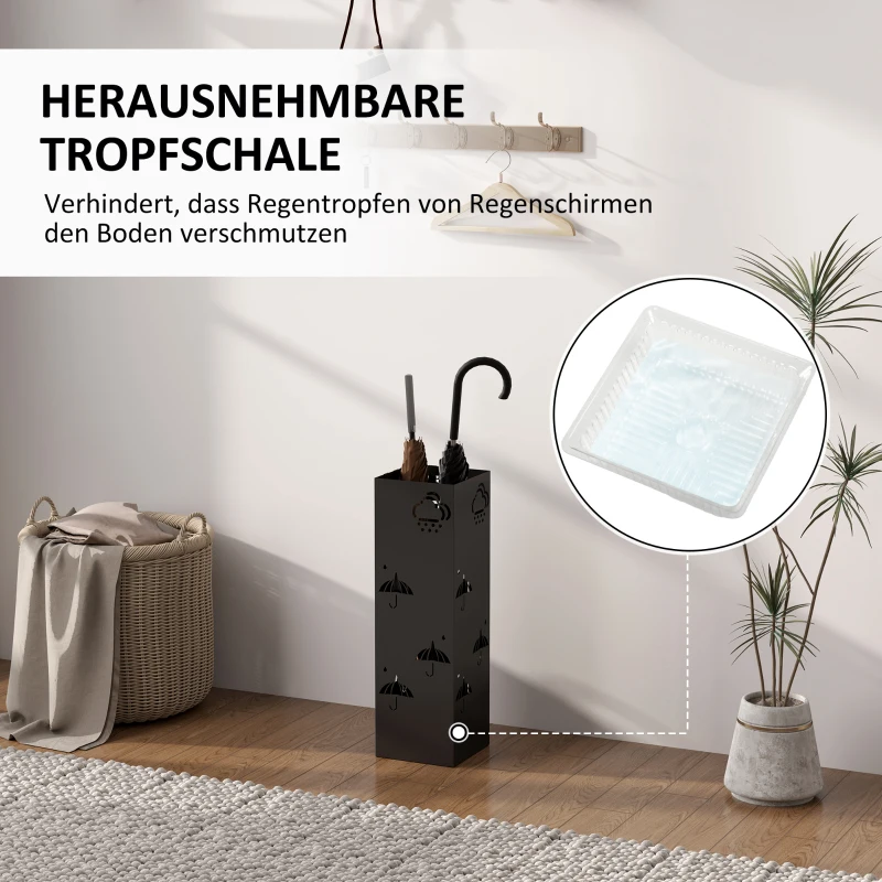 HOMCOM Metalen Paraplustandaard, 4 Haken, Wolk- en Paraplumotief, Druipbak, Zwart