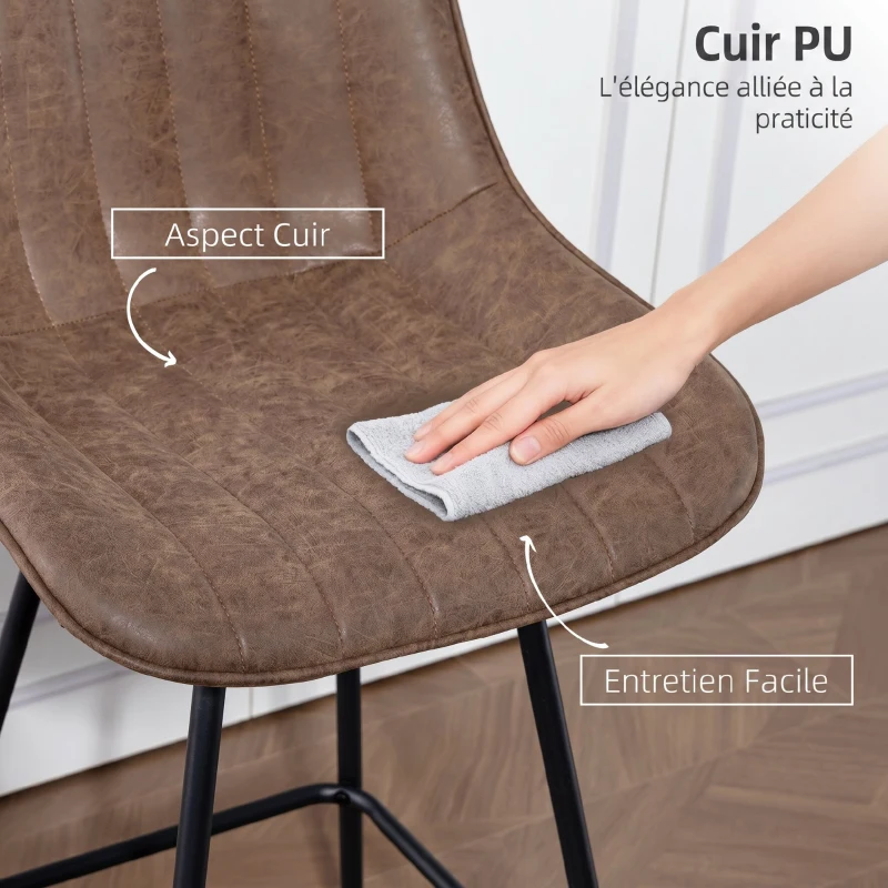 HOMCOM Lot de 2 tabourets de bar, chaises de bar en PU, assise rembourrée 68H cm, dossier et repose-pieds, marron