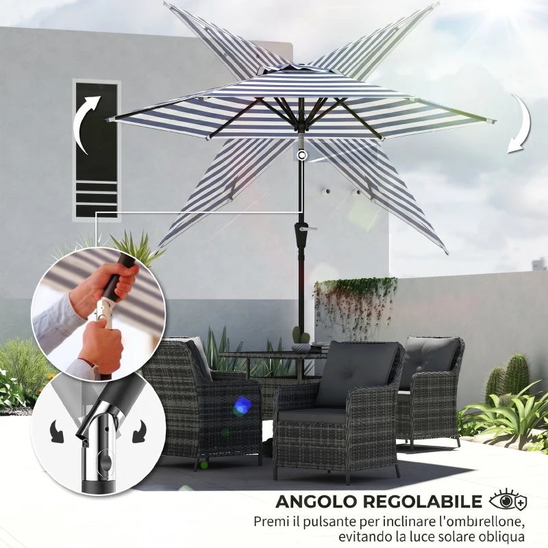 Outsunny Ombrellone da Giardino Inclinabile 2.3x2 m in Poliestere 180g/m², Ombrellone per Esterno da Terrazzo e Patio con Apertura a Manovella, Palo in Metallo e 6 Stecche, Blu e Bianco