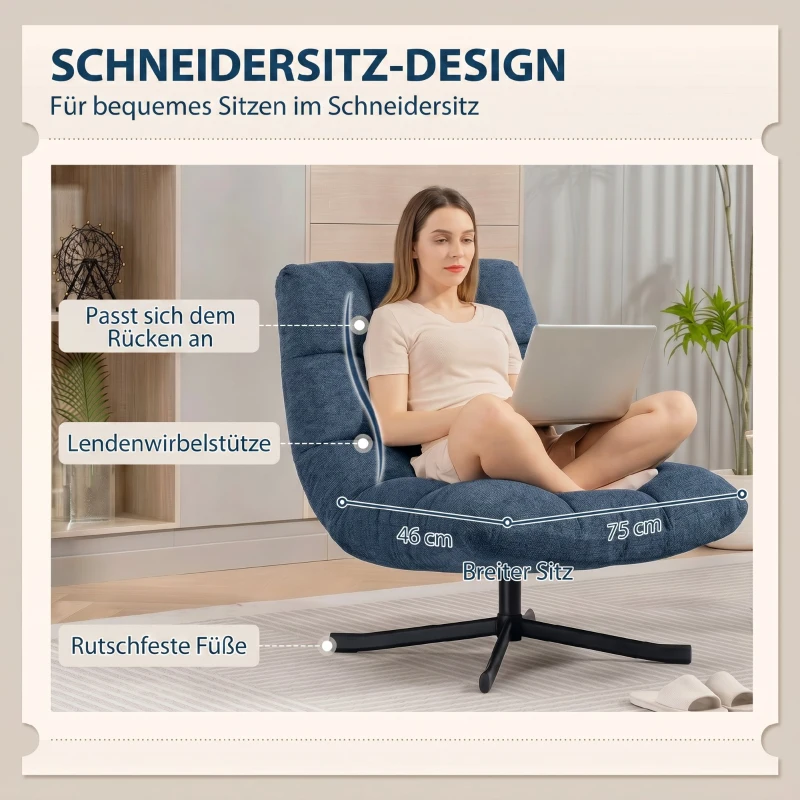 HOMCOM Draaibare Accentstoel, moderne loungefauteuil zonder armleuningen met stalen poten, donkerblauw
