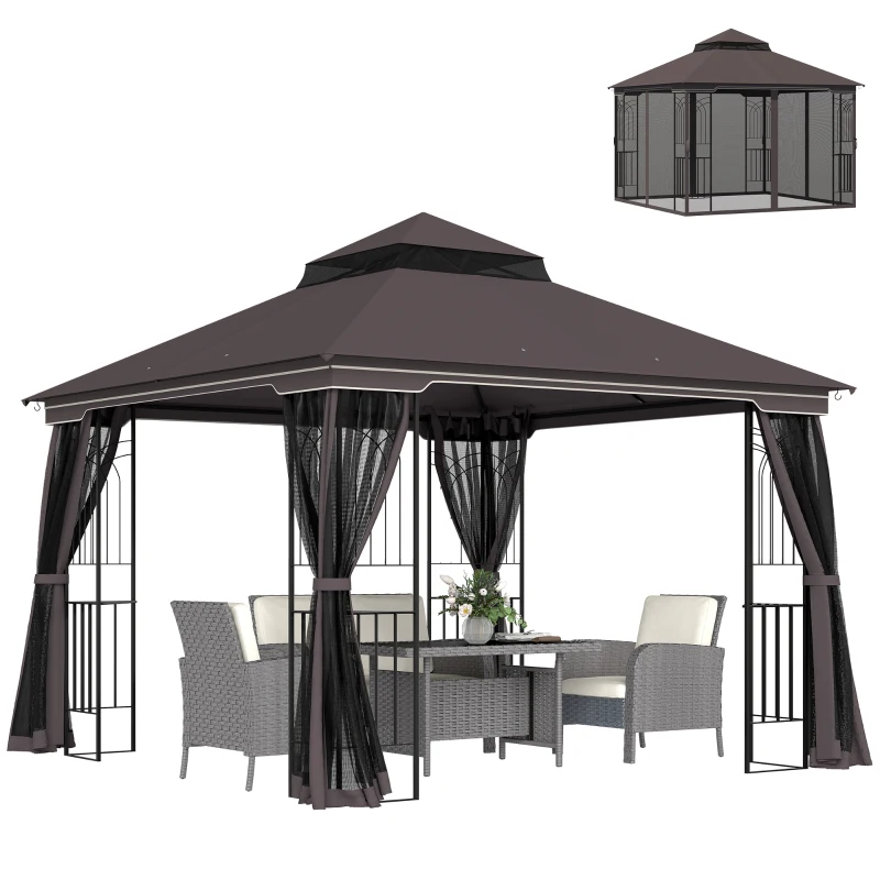 Outsunny Gazebo da Giardino 3x3m con Zanzariera e Tetto a 2 Livelli, Mensole Laterali e Ganci, Caffè
