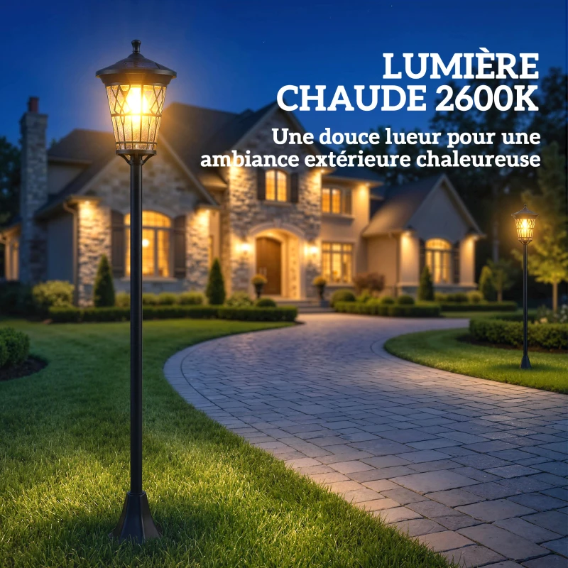 Outsunny Lot de 2 Lampadaires Solaires 1,86 m pour Jardin, Lampes de Rue en Acier Inoxydable à Hauteur Réglable Noir
