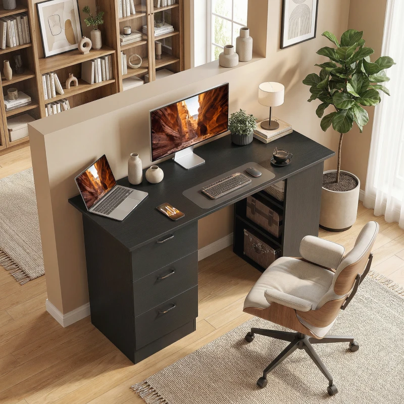 HOMCOM Computer Desk, Writing Table, PC Workstation with 3 Storage Shelves and Drawers, Handle, for Home Office, Black