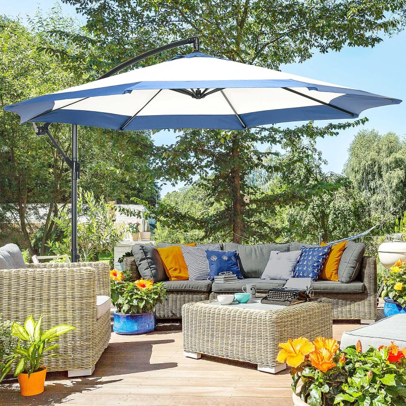 Outsunny Ombrellone da Giardino a Braccio 3x2 m con Manovella, Metallo e Poliestere, Blu Scuro e Crema