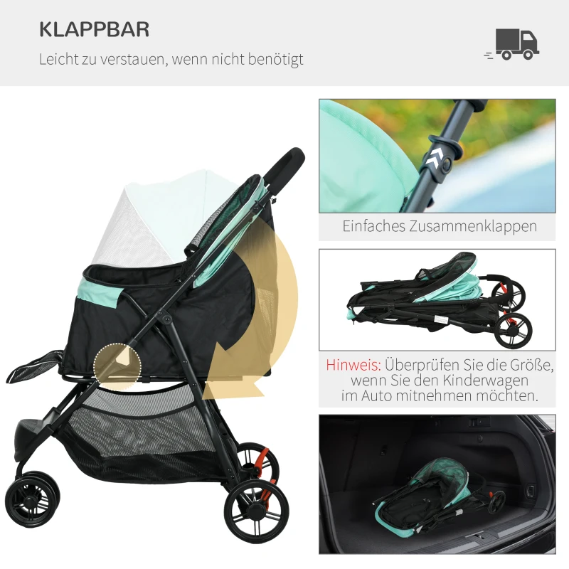 PawHut Huisdierbuggy inklapbaar met regenhoes, 2 drankhouders, blauw + groen
