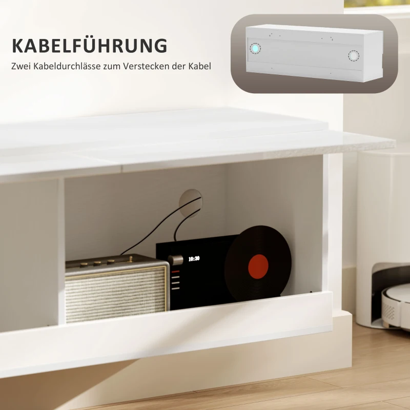 HOMCOM Hangende TV-kast met LED-verlichting, 16 knippermodi, Wandgemonteerd tv-meubel, Open schappen, 120 x 35 x 40,5 cm, Wit