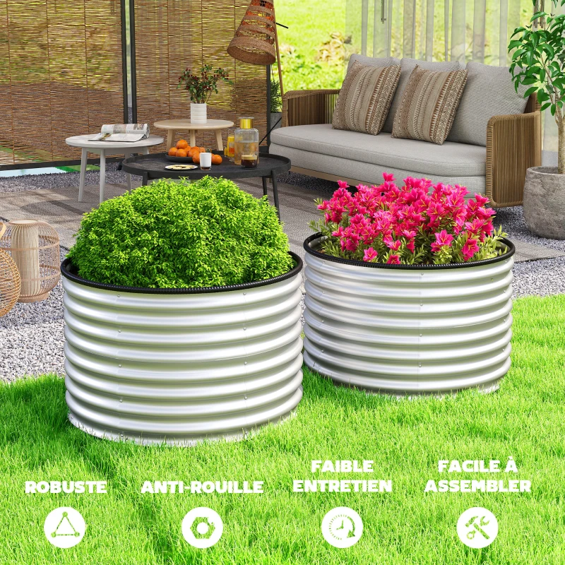Outsunny Lot de 2 jardinières surélevées kit de jardinière ronde surélevée fonds ouverts acier galvanisé 90 x 90 x 56 cm argent