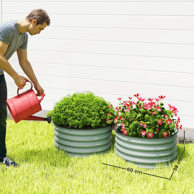 Outsunny 2-delige Set Verzinkte Plantenbakken, Ø60 x 30H cm Bloempotten met Open Bodem voor Verschillende Planten, Groen