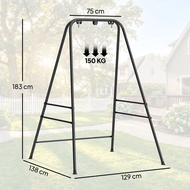 Outsunny Suporte para Cadeira Suspensa Rede 183 cm Suporte para Balanço Estrutura de Aço Almofadas Antiderrapantes Preto