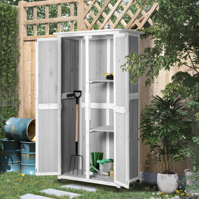 Outsunny Casetta Porta Attrezzi in Legno di Abete a 3 Livelli con Tetto in Bitume, 77x58x175 cm, Grigio