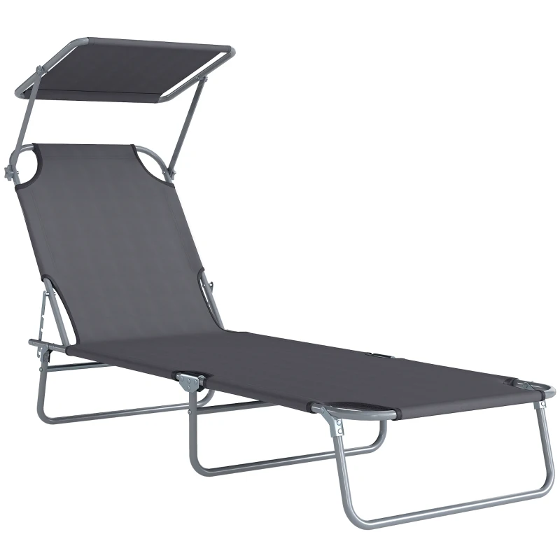 Outsunny Transat Bain de Soleil Pliable Chaise Longue Pliante Grand Confort Dossier Inclinable Multi-positions et Pare-Soleil réglable Dim. 187L x 58l x 36H cm Gris