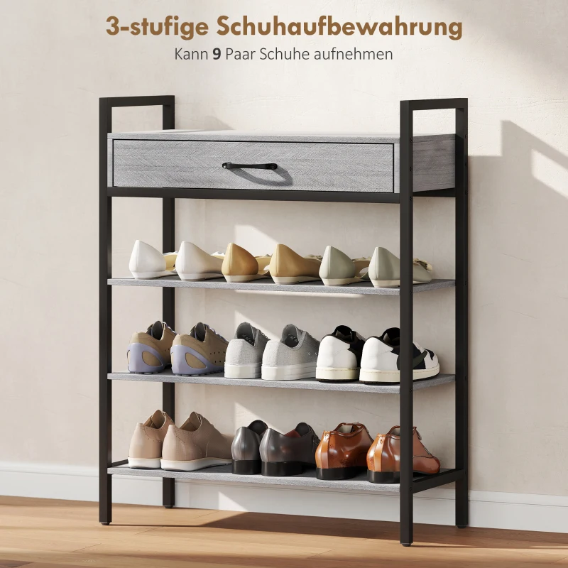 HOMCOM 4-laags schoenenrek, halrek voor maximaal 9 paar schoenen, spaanplaat, metaal, grijs