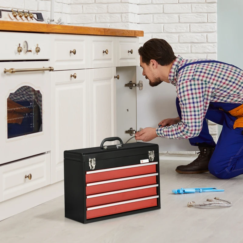DURHAND Cassetta Porta Attrezzi in Acciaio con 4 Cassetti e Vassoio Superiore, 51x22x39.5 cm, Rosso e Nero