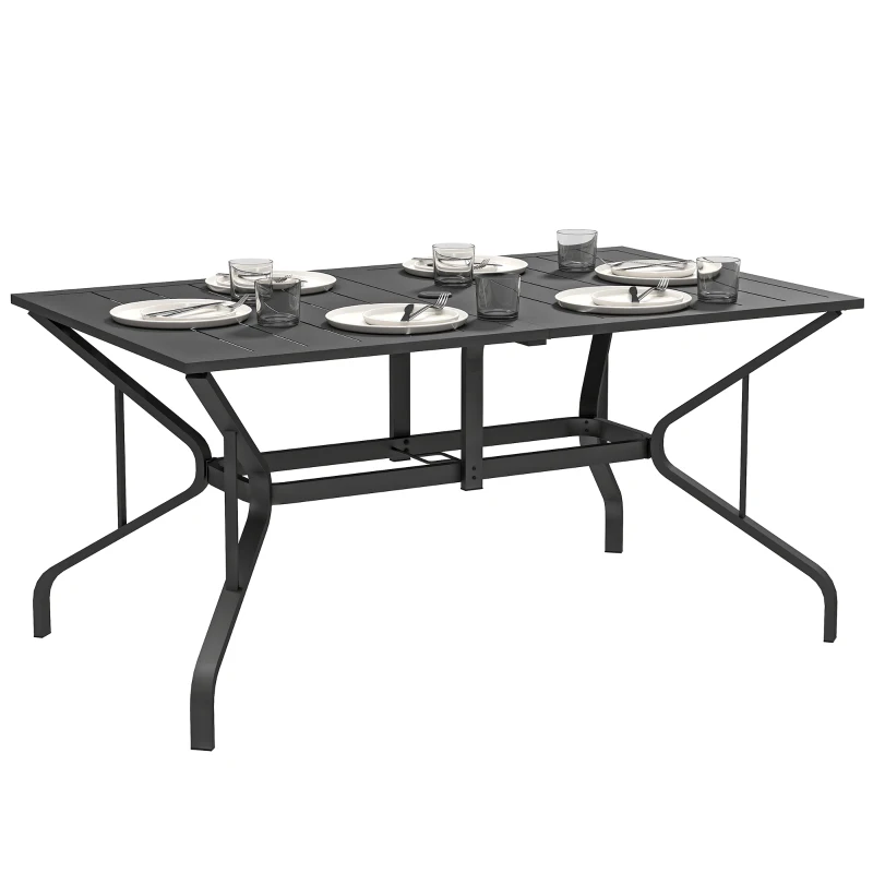 Outsunny Tuintafel Staal 150x90 cm Weerbestendige Balkontafel met Parasolgat, Lamellendesign voor 6 Personen Zwart