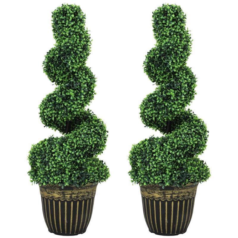 HOMCOM Spiraalvormige Buxus, Set van 2 Kunstplanten, met Pot, 90 cm Hoog, Groen