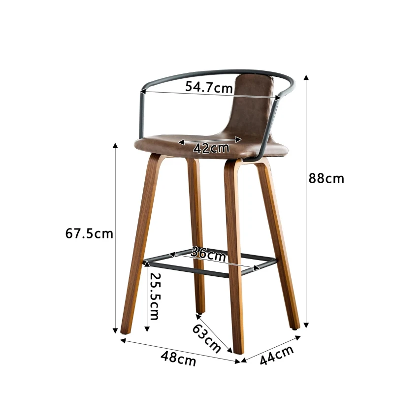 Lot de 2 tabourets de bar avec accoudoirs, design scandinave élégant, assise rembourrée, 54,7x44x88 cm, Marron