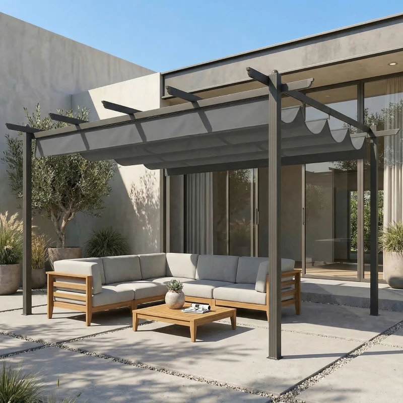 Outsunny Pérgola de Jardim 4x3 m com Telhado Retrátil Estrutura de Alumínio UPF30+ Orifícios de Drenagem Cinza