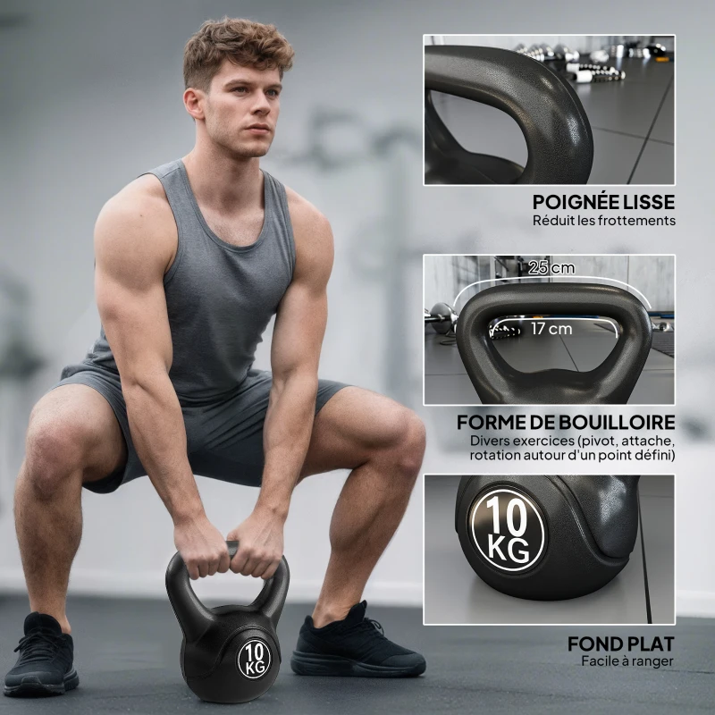 HOMCOM Kettlebell 10 kg, haltère avec poignée ergonomique, haltère à boule, musculation, entraînement, 25 x 19 x 28 cm noir