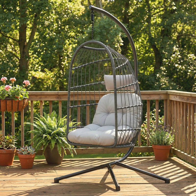 Outsunny Hanging Egg Chair, Indoor Outdoor Hammock Swing Chair with Stand, Safety Strap, Foldable Basket, Dark/Light Grey
