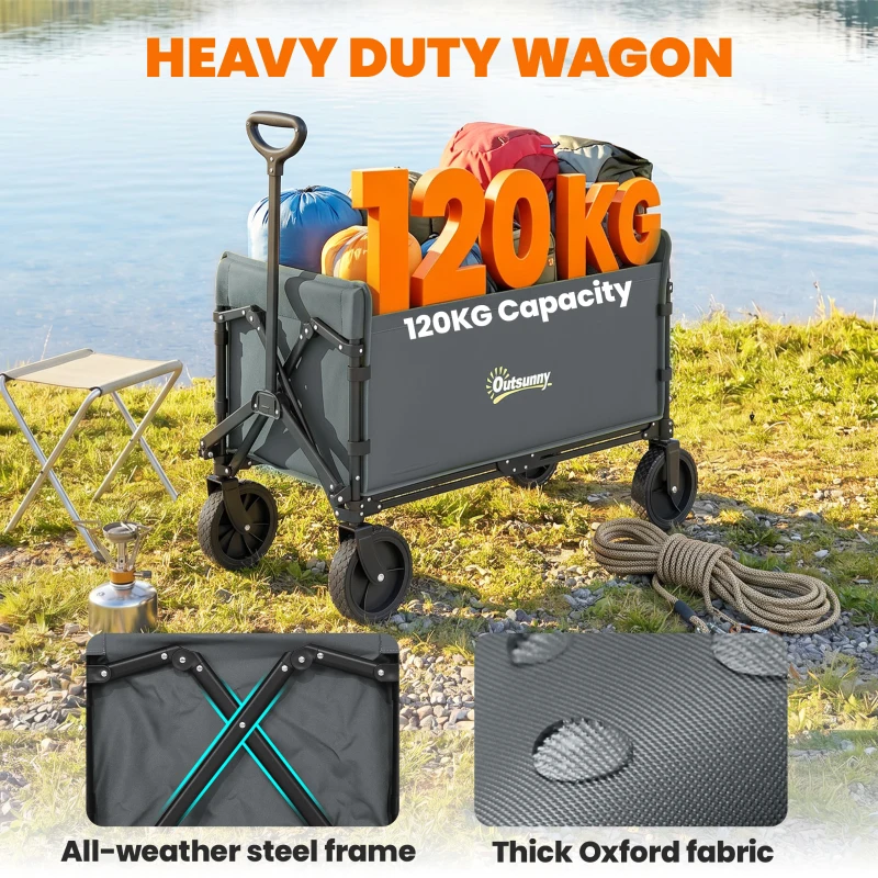 Outsunny 180L Festival Trolley on Wheels, Folding Compact Camping Trolley Cart with Adjustable Handle, 120 KG Capacity for Garden, Beach, Fishing, Grey