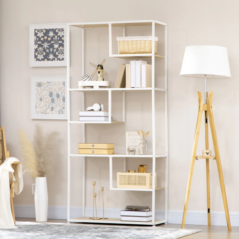 HOMCOM Estante de Armazenamento para Livros com Estrutura de Aço para Escritório Sala de Estar Estúdio 83x34x180cm Carvalho e Branco