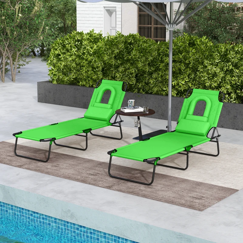 Outsunny Folding Sun Loungers Set of 2 with Face Hole, 4-Position Adjustable Backrest Garden Recliner Chair Sunbed, Outdoor Lounge Chair with 500 D Oxford Cloth Seat, Pillow for Beach, Green