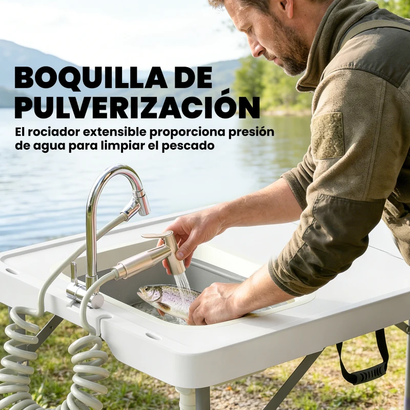 Outsunny Mesa Plegable Camping con Fregadero Grifo Altura Regulable Cubo Plegable Ranuras Regla y Bolsa de Transporte