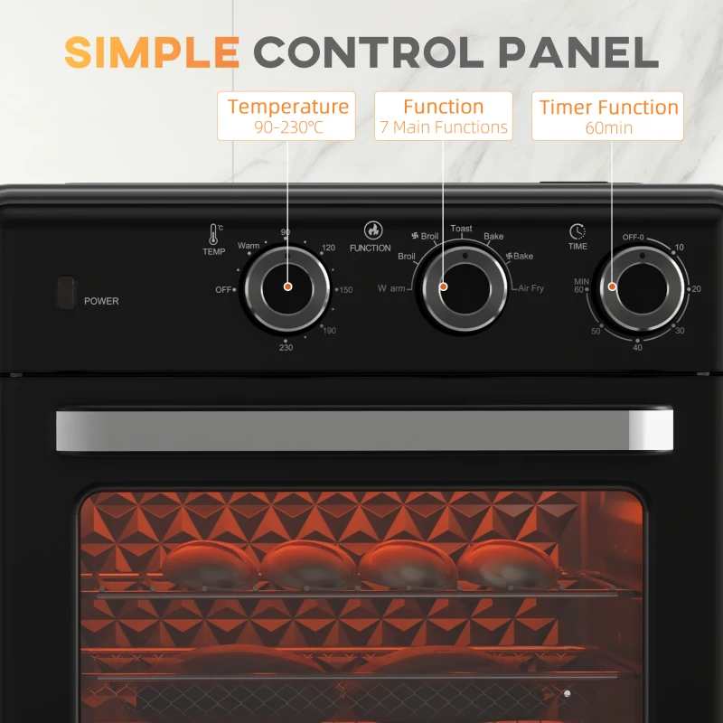 HOMCOM 20L 90-230°C Mini Convection Oven, with Air Fry Function - Black