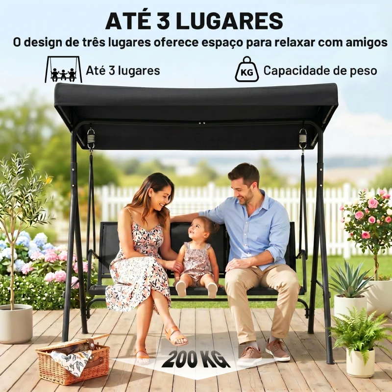 Outsunny Baloiço de Jardim Exterior de 3 Lugares com Toldo Reclinável Assento Respirável e Estrutura de Aço 175x118x159 cm Preto