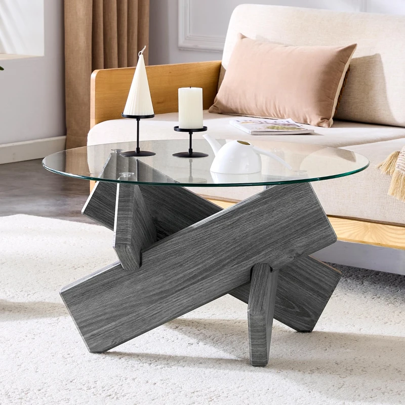 Table basse ronde, design moderne, facile à nettoyer et stable, 79x79x45 cm, Transparent