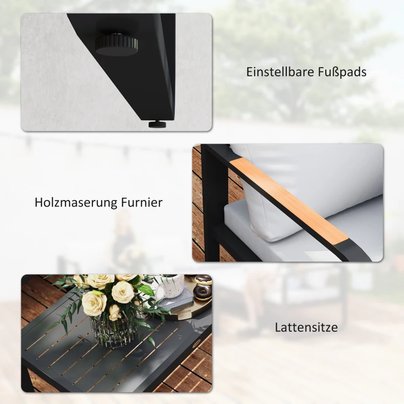 Outsunny L-vorm tuinset weerbestendig metaal zitgroep voor 5 personen tuinlounge met 2- en 3-zitsbank, kussens en bijzettafel, outdoor balkonmeubel-set terrasmeubel voor tuin en balkon, grijs
