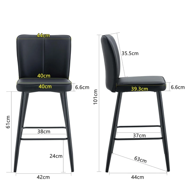 Ensemble 2 tabourets de bar 101 cm, dossier ergonomique, pieds réglables antidérapants, 44x44x101 cm, Noir