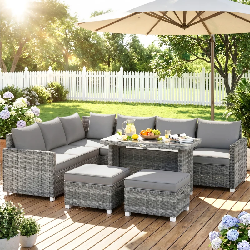 Outsunny 6 Seater Rattan Garden Furniture Set with 3 Sofas, 2 Footstools, Table, Patio Rattan Furniture Sofa Sets, Grey