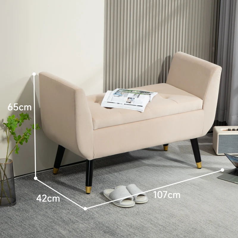HOMCOM Opslagbank met Armleuningen, Fluweelachtig Polyester, Rubberhout, 107 x 42 x 65 cm, Beige
