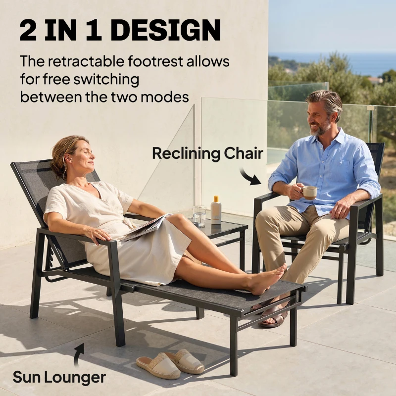 Outsunny Sun Loungers Set of 2 Retractable Footrest 5-Position Adjustable Steel Frame for Beach, Porch, Patio, Camping, Black