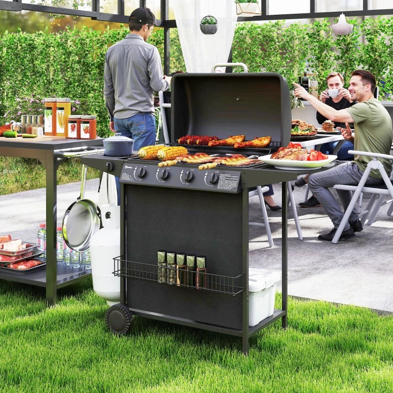 Outsunny Barbecue a Gas con 4+1 Bruciatori Indipendenti e Coperchio con Termometro, 121x54x97 cm, Nero
