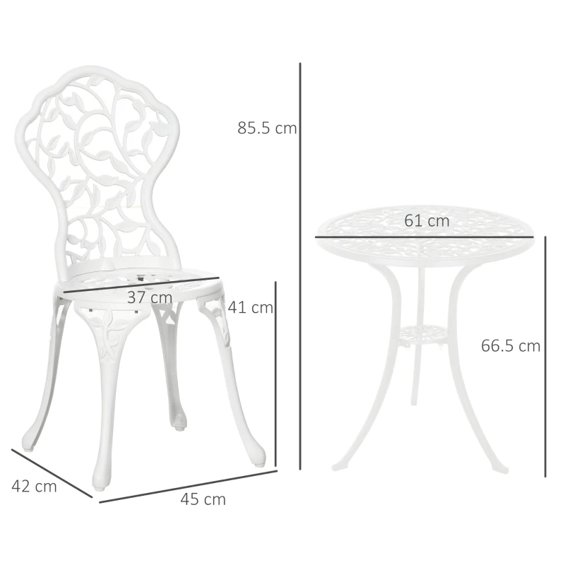 Outsunny 3 Pcs Aluminium Bistro Set, Garden Furniture Dining Table and Chairs Antique Outdoor Seat Patio Seater, White