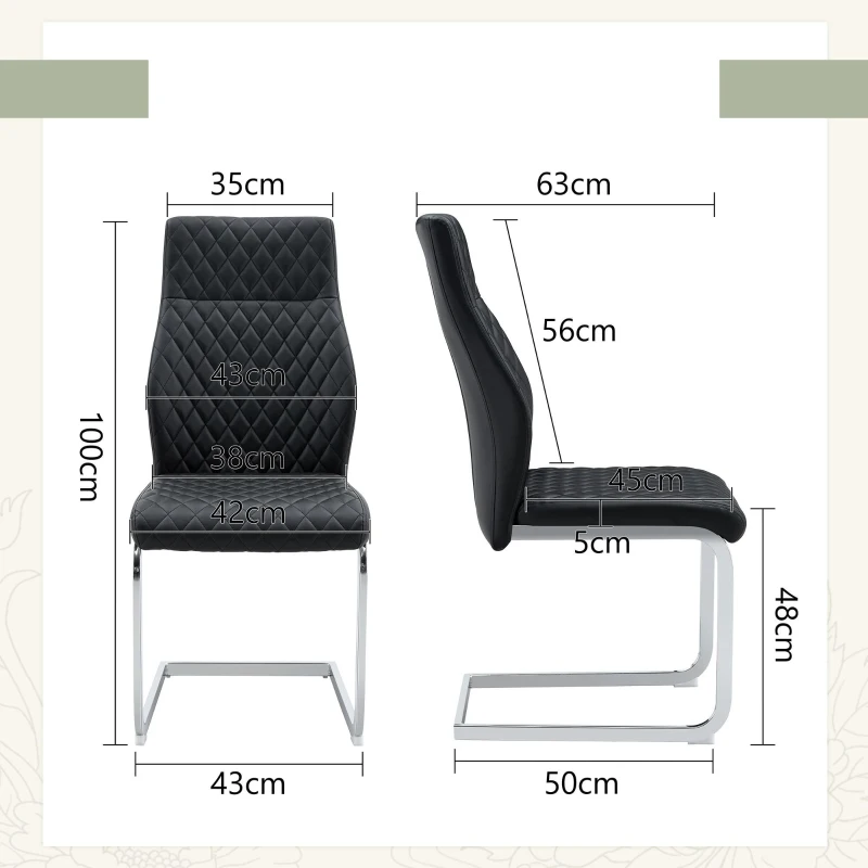 Chaise de salle à manger matelassée motif losange, dossier haut ergonomique, lot de 2, 43x63x100 cm, Noir+Argenté