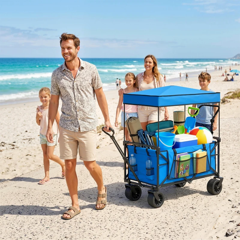 Outsunny Carro de Jardín Plegable con Ruedas Grandes Bloqueables Barra Ajustable Portavasos para Campaña 125x59x133 cm Azul