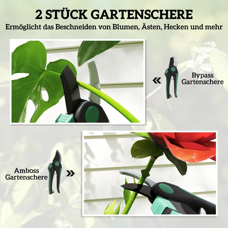 Outsunny Tuin gereedschapset 2 Stuks Tuin gereedschap van Metaal Tuingereedschappen met Tuinschaar Groen+Zwart