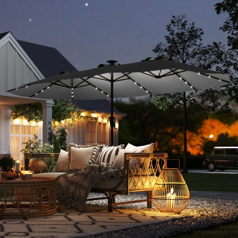 Outsunny Sombrilla Doble de Jardín 4x2 m con 36 Luces LED UPF50+ Manivela 12 Varillas  Resistente al Agua Gris Oscuro