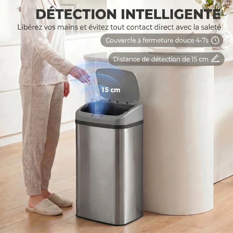 HOMCOM Poubelle de cuisine automatique 48L en acier inoxydable, couvercle à fermeture en douceur, 33x25x69cm, argent