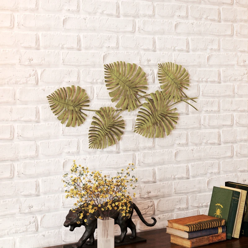 HOMCOM Set van metalen wanddecoraties, gelakte afwerking, bladvorm, goudkleurig