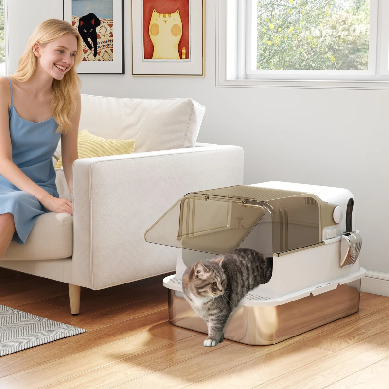 PawHut Bac à litière pour chat fermé en acier inoxydable, maison de toilette pour chat avec pelle, 70 x 50 x 46,5 cm, blanc