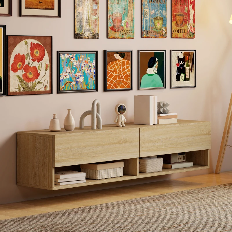 HOMCOM Mueble de TV Suspendido 2 Cajones Abatibles 2 Estantes Abiertos para Televisión 60 Pulgadas 140x32x31 cm Madera Natural