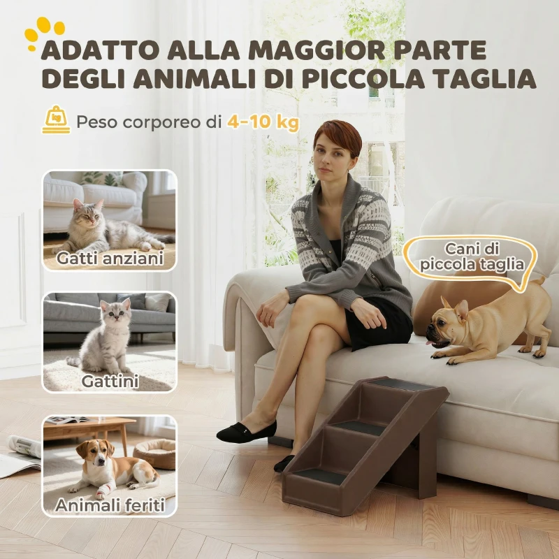PawHut Scaletta per Cani e Gatti con 3 Scalini Antiscivolo per Letti Alti e Divani, 53x30.5x36.5 cm, Marrone
