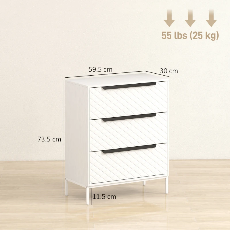 HOMCOM Chest of Drawers, Dresser with 3 Fabric Drawers and Aluminium Handles - White
