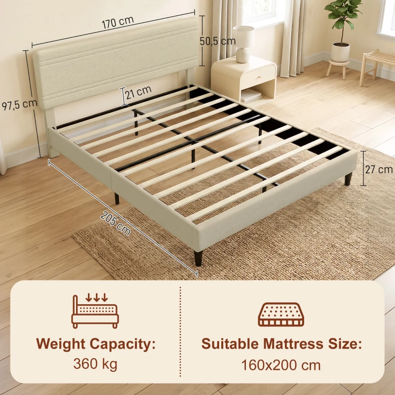 HOMCOM Estructura de Cama 160x200 cm con Somier de Madera Acolchada en Efecto Lino y 9 Patas de Acero Beige