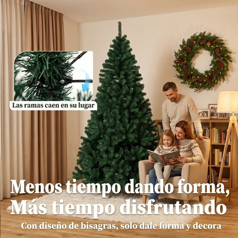 HOMCOM Árbol de Navidad de Abeto 230 cm con Ramas Articuladas 1300 Puntas de PVC Ignífugo Montaje Rápido Soporte de Acero Verde