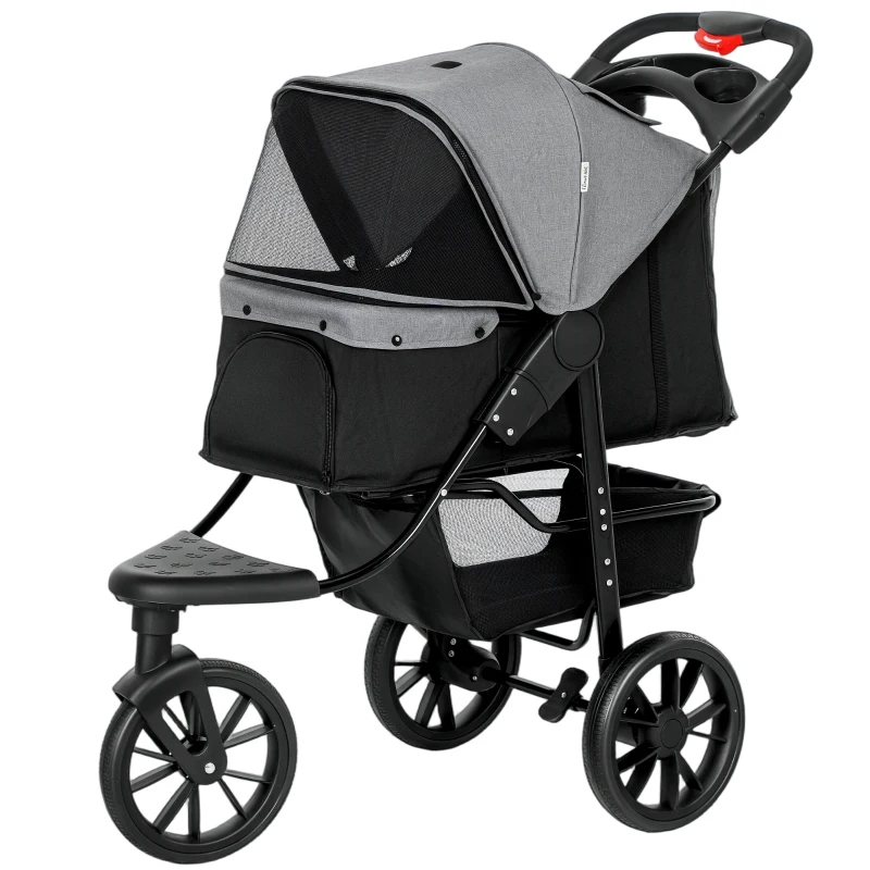 PawHut 2 in 1 Passeggino per Cani Pieghevole a 3 Ruote con Freno, Cestino Portaoggetti e Porta Bottiglia, in Acciaio e Oxford, Grigio e Nero, 109.5x57.5x106.5cm